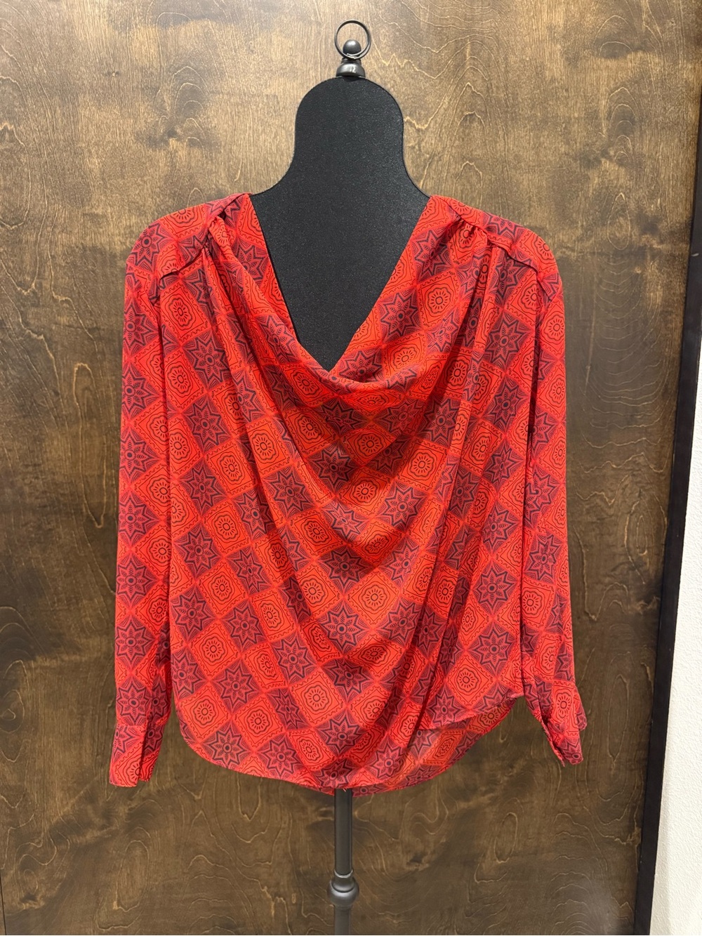 CAbi Red Geometric Draped Cowl Neck Blouse